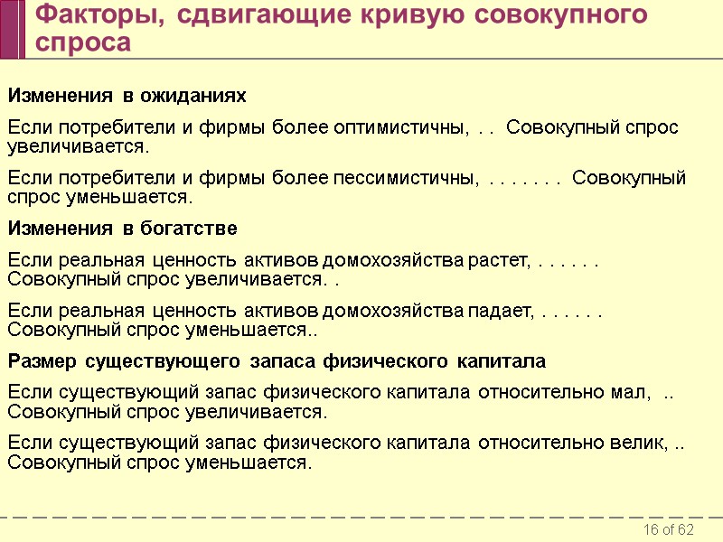 Факторы, сдвигающие кривую совокупного спроса Изменения в ожиданиях Если потребители и фирмы более оптимистичны,